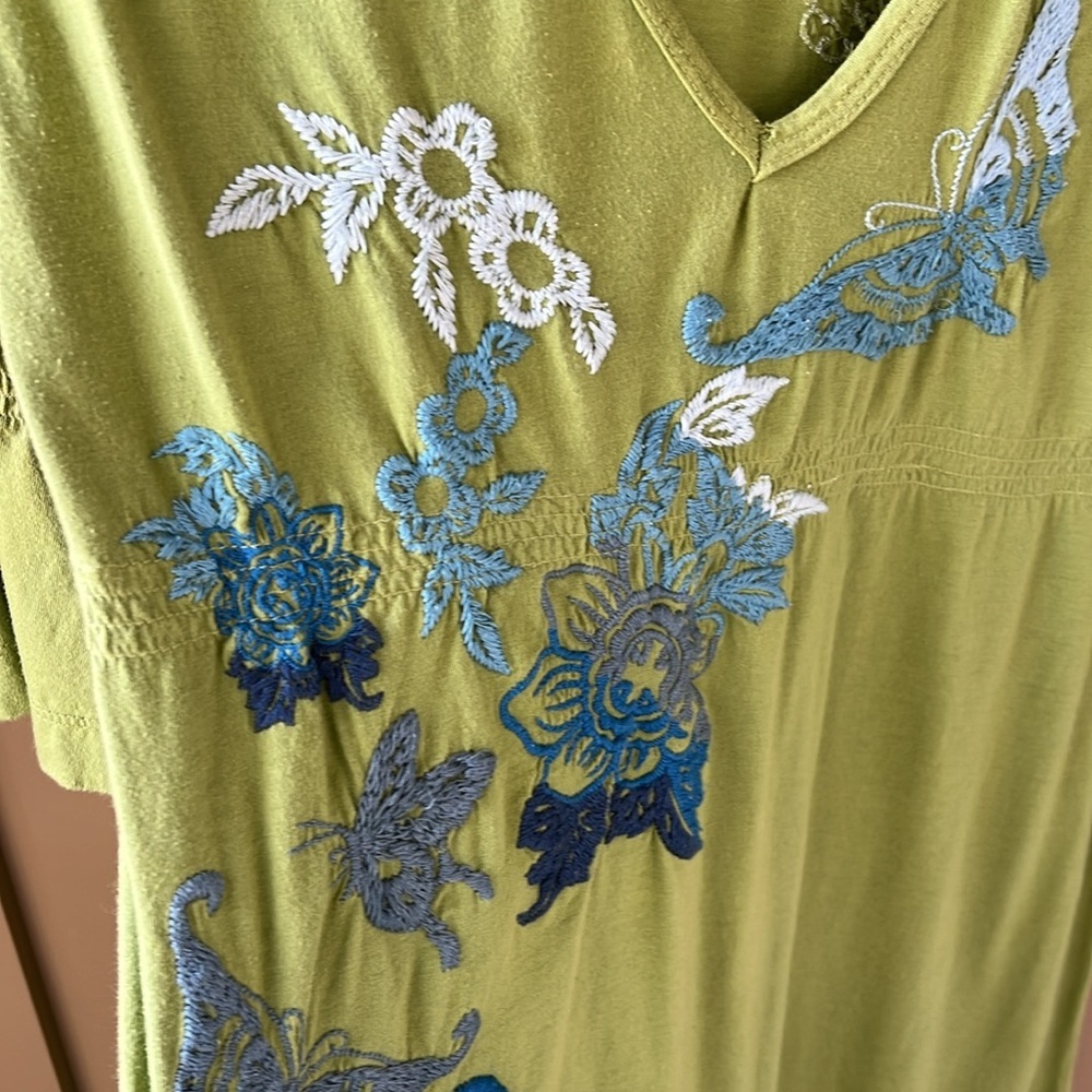 Johnny Was Lime Green Mini Dress with Blue Floral Embroidery - Picture 5 of 8